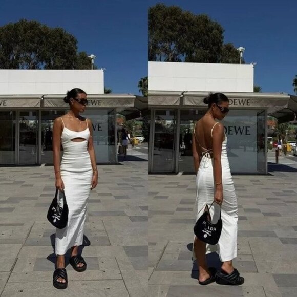 ZARA CUT-OUT bust Lace up Back Linen Blend Midi SIZE L  DRESS 7385/220 - Picture 5 of 7